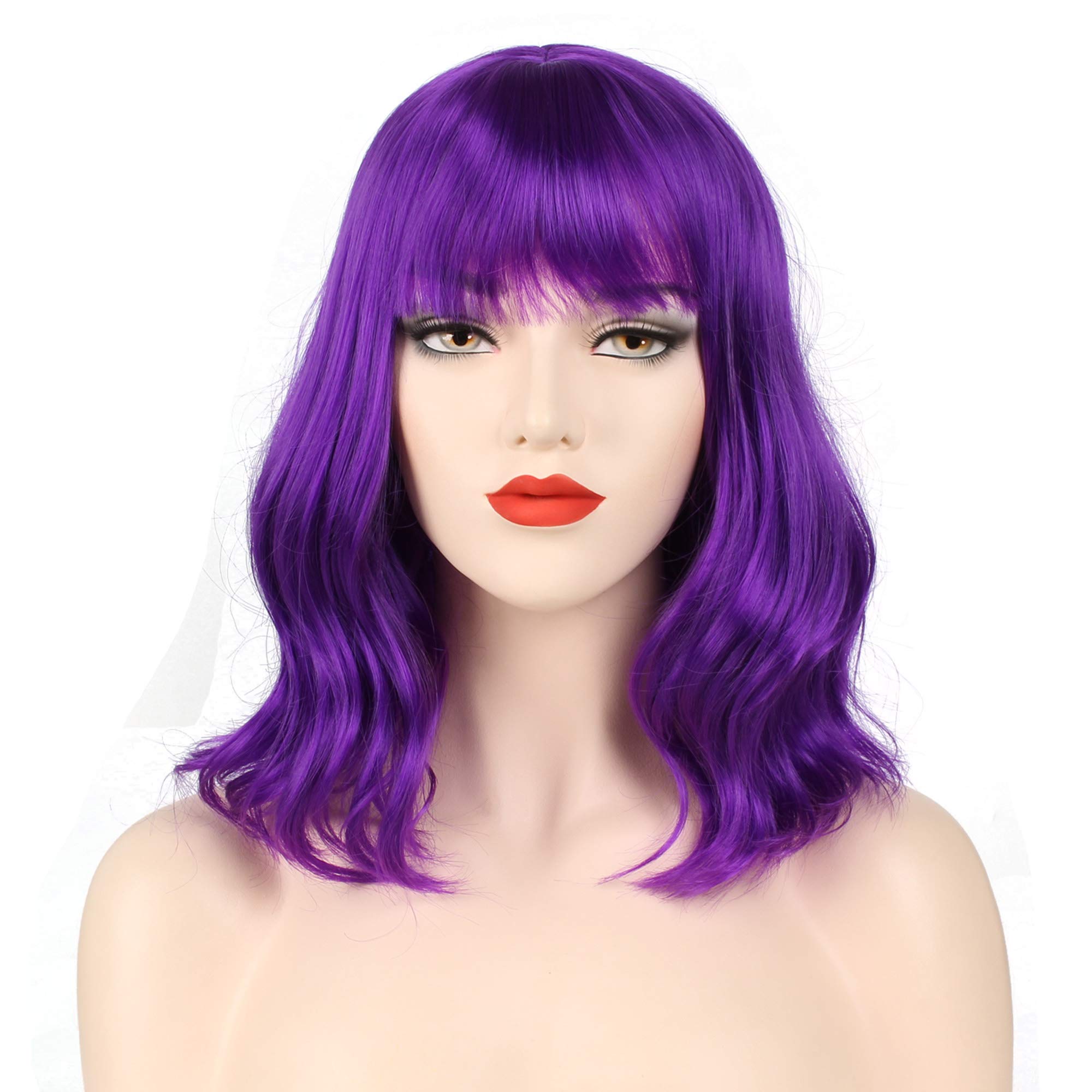 OKVGO Short Curly Bob Wig with Wig Cap for Women Cosplay Party and Daily Use Light Purple