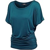 Made By Johnny Women's Casual Solid Short Sleeve Boat Neck/V Neck Dolman Top T Shirt with Side Shirring