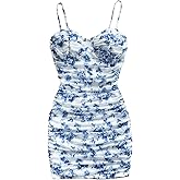 GORGLITTER Women's Floral Mesh Bodycon Mini Dress Ruched Spaghetti Strap Cami Dresses Summer Beach Going Out Dress