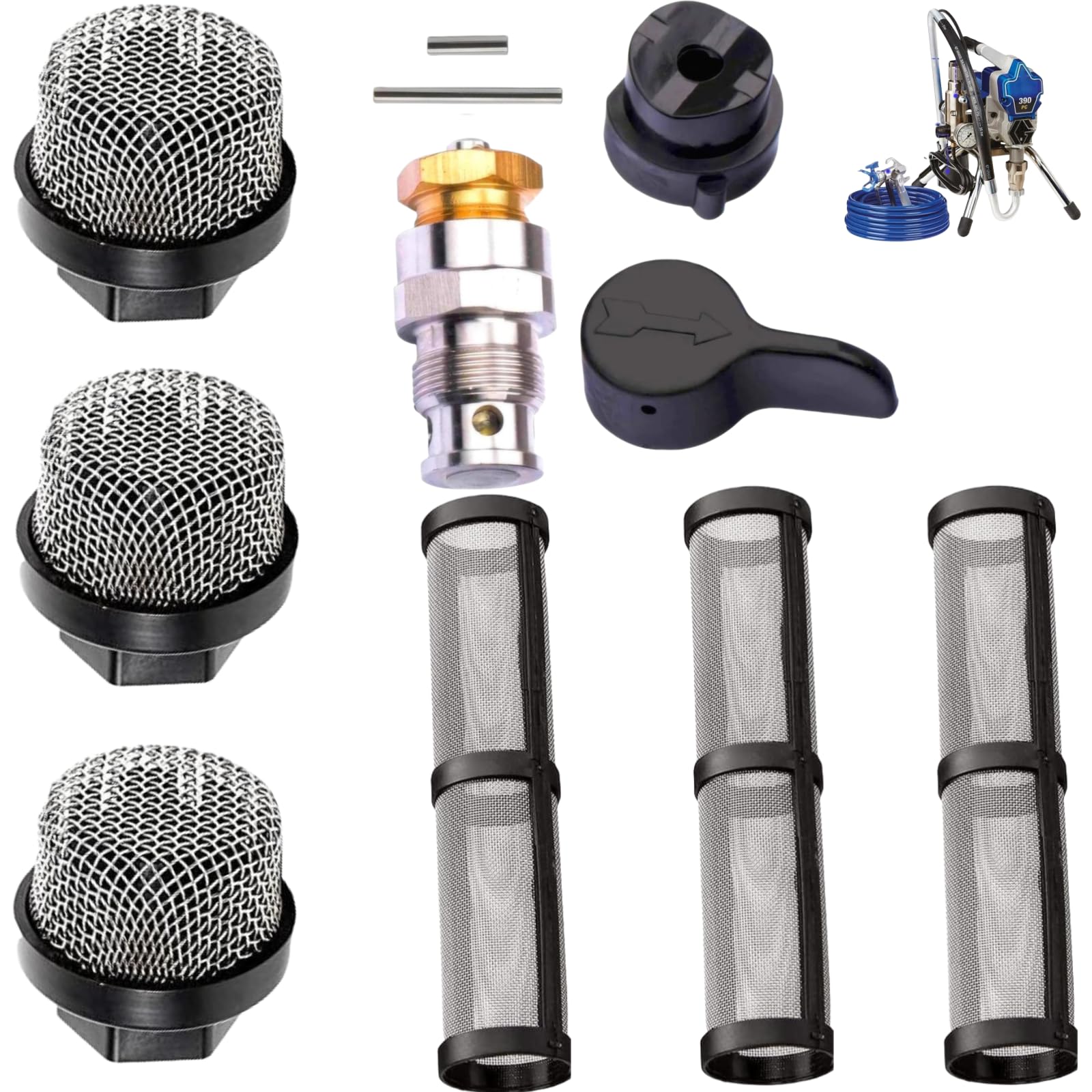 Photo 1 of 246385 246384 Filter Set and 235014 Prime Spray Valve, Drain Valve Fits Graco 210 230 390 395 490 495 595 3400 Aftermarketr Airless Paint Sprayer