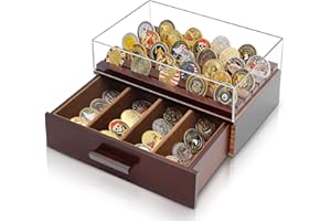 ULTRGEE Challenge Coin Display Case, Military Coin Collection Holder with Wooden Coin Box, Drawers, and Clear Acrylic Lid – Gifts for Coins Collectors (6 Rows)