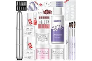 SAVILAND Acrylic Nail Kit with Drill: 15g White Pink Clear Acrylic Powder and Liquid, 100 Nail Forms, Brushes, Primer, Top Gel, Extension Tools Kit for Beginners Home DIY & Salon Use