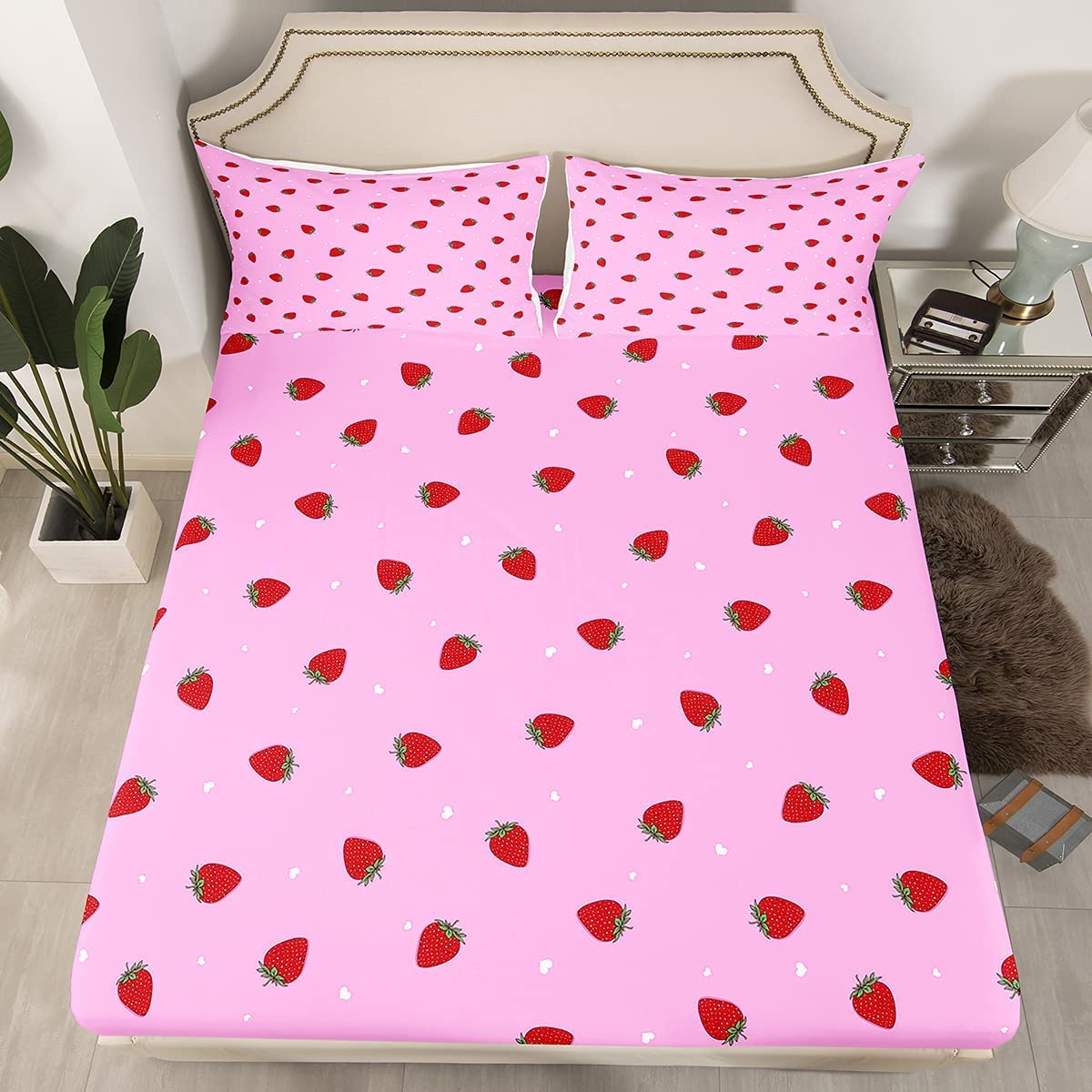Loussiesd Kids Strawberry Bed Sheets Cute Bed Sheet Set for Boys Girls Tropical Fruit Lightweight Bedding Set Bright Pink Lovely Little Art Fitted Sheet Bedroom 3Pcs King Size
