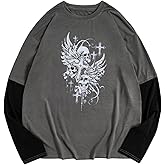 SHENHE Men's Goth Shirt Fake Two Piece Alternative Clothing Crewneck Long Sleeve Graphic Tee