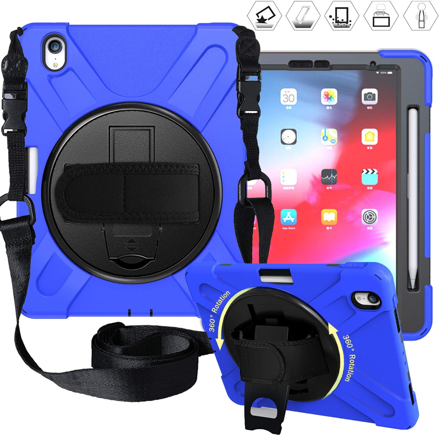 iPad Pro 11 Case with Pencil Holder, Heavy Duty Shockproof Protective Case with 360 Degree Swivel Stand, Adjustable Hand Strap, Shoulder Strap for iPad Pro 11 Inch 2018 Release (Blue)