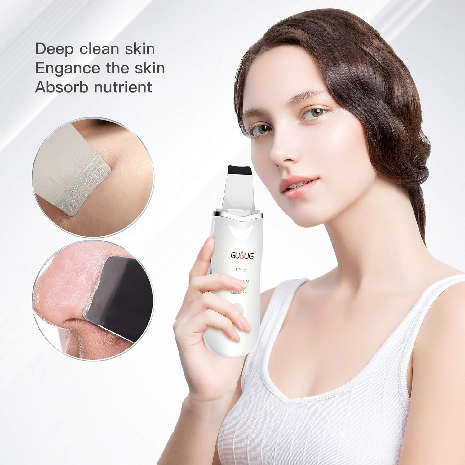 GUGUG Skin Scrubber, Skin Spatula, Blackhead Remover Comedone Extractor, Facial Skin Scrubber, Pore Cleanser & IP6X Waterproof USB Charger, Facial Lifting Tool, with 2 Silicone Covers: Beauty