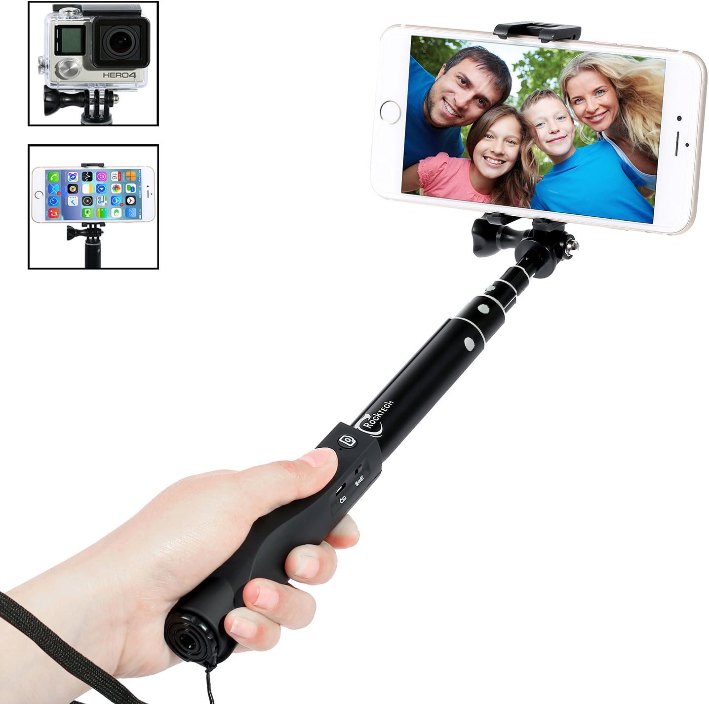 Selfie Stick, All-in-one Aluminium Foldable Bluetooth Selfie Stick with Built-in Remote Shutter, Adjustable Holder for GoPro iPhone, Samsung Galaxy and Other Smartphone - Black
