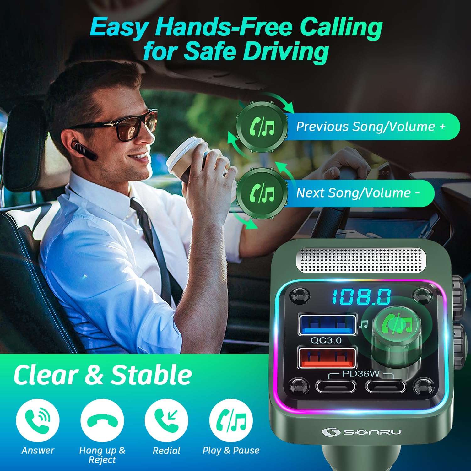 SONRU FM Transmitter Bluetooth 5.3 Adapter Auto, Bass & HiFi Stereo Freisprechanlage Mit [PD 36W & QC 3.0 18W] Schnelles Autoladegerät 2
