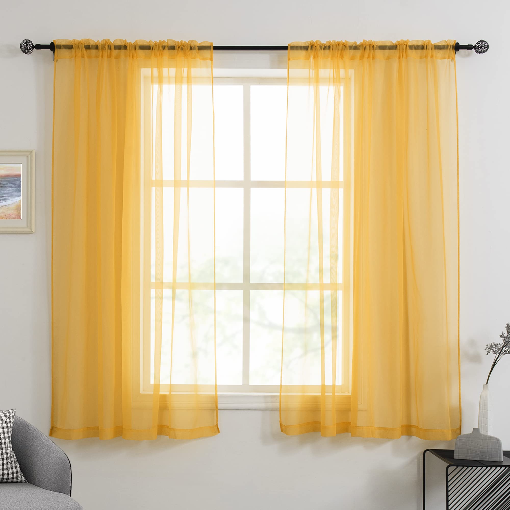 HUTO Dark Yellow Sheer Curtains 54 inches Long for Bedroom Top Rod Pocket Sheer Window Panels Curtains for Nursery Living Room 52 by 54 Inch Length Set of 2