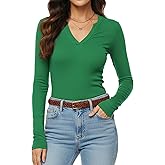 Meetrendi Womens Long Sleeve Shirts V Neck Casual Work Tops 2025 Fall Slim Fitted Basic Tee