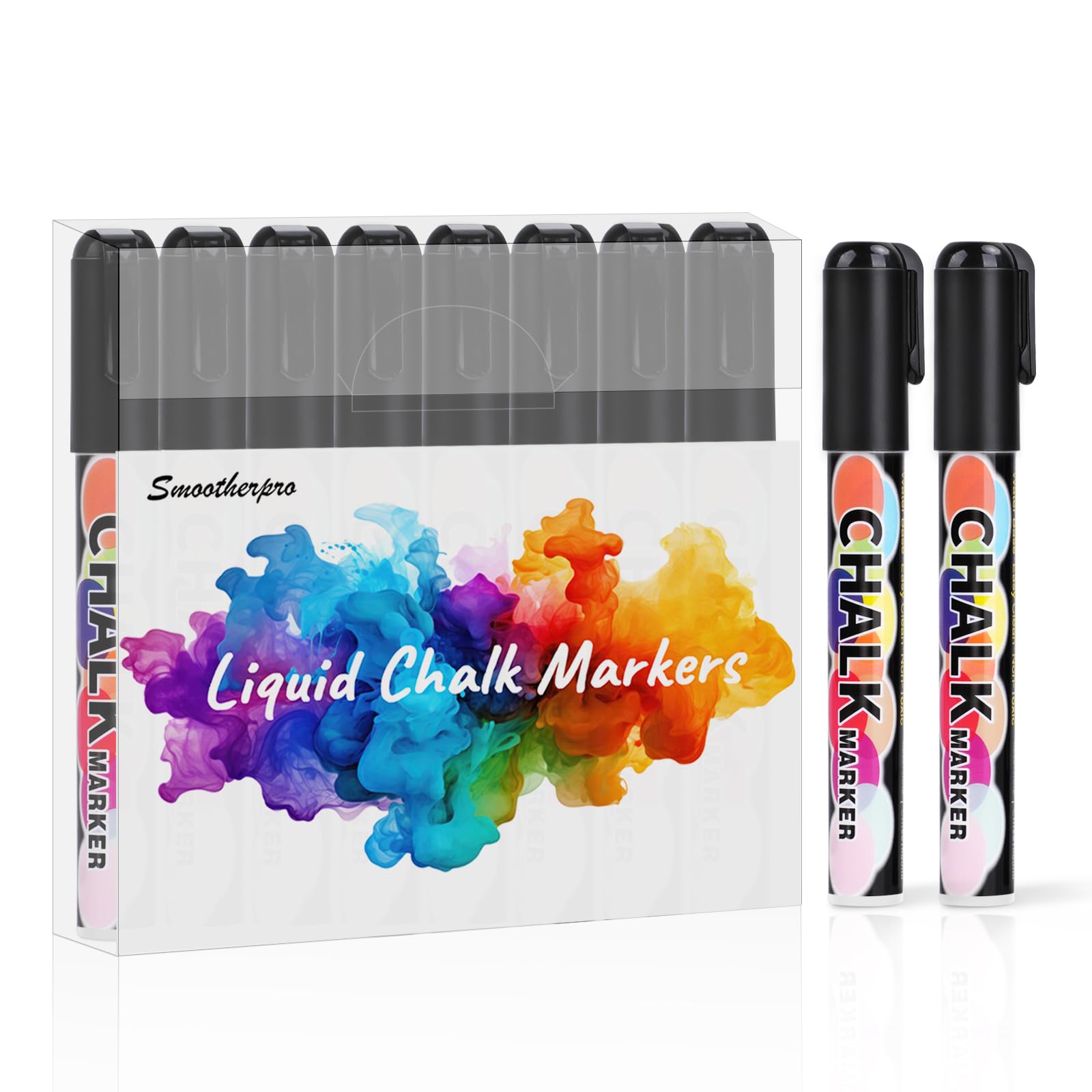 SMOOTHERPRO Liquid Chalk Marker Pen | Highlight Blackboard Markers Bold | 8 Black | Erasable Chalk Pens | for Drawing Chalkboard and Window (CMP008B)