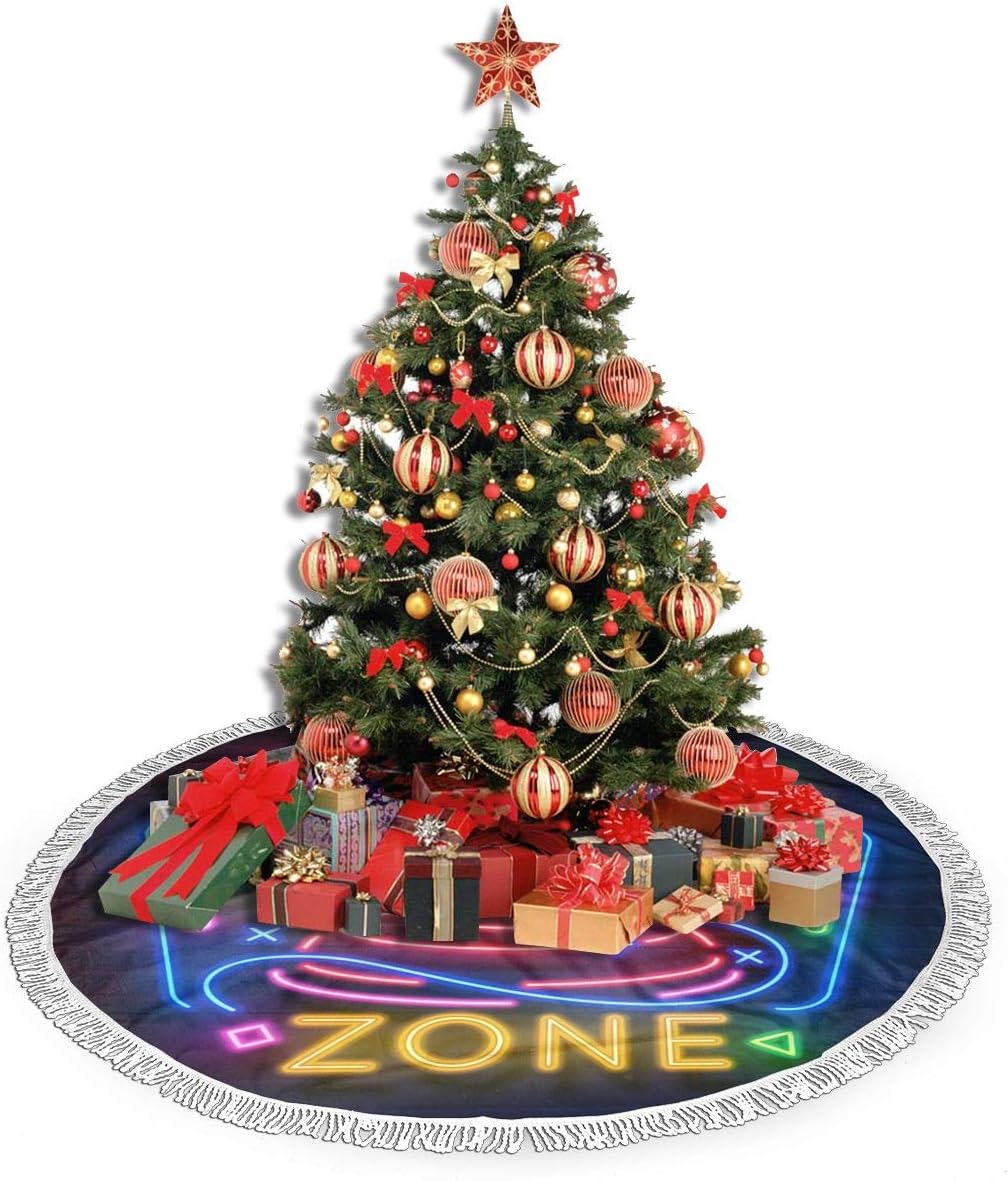 Amazon Com Antvinoler Christmas Tree Skirt Tree Skirt With Fringed Lace Trim For Holiday Christmas Decorations Double Layers Xmas Tree Skirt Retro Game Neon Sign Video Games Night Light Home Kitchen