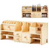 Novabright Wooden Bench Tool Organizer for Screwdrivers Pliers Files Wire | 18.4x7.3x4.6 Inch Workbench Storage, Multi-slot with Drawers, Spool Holders for Wire Cord, Repair Accessory Rack