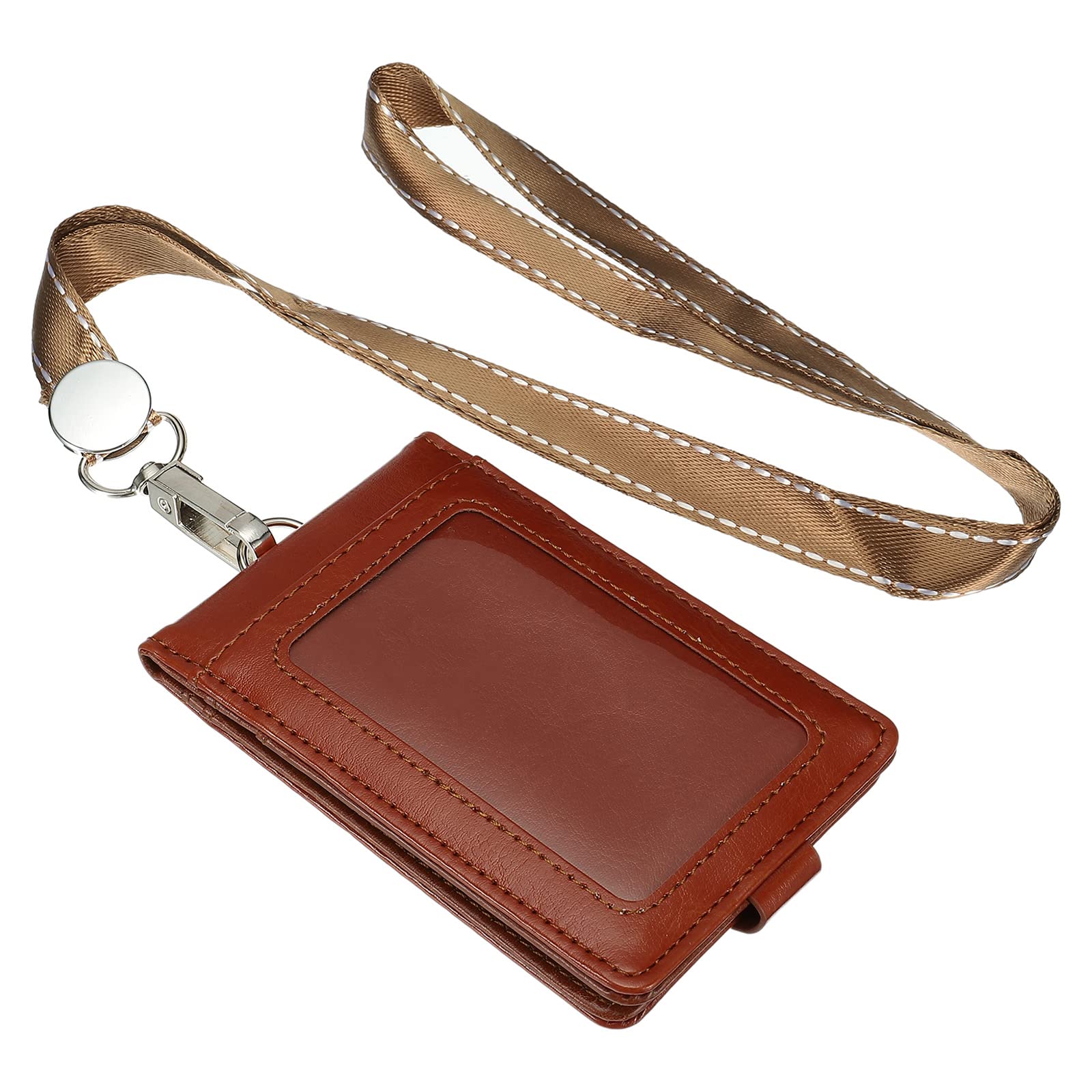 PATIKIL PU Leather ID Badge Holder with Detachable Neck Lanyard Set, Folded Credit Holder with 1 Clear Window 4 Card Slot for Offices, Brown