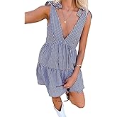 utcoco Women's 2025 Summer A Line Flowy Plaid Mini Dress Y2k Tie Shoulder Babydoll Dress Beach Vacation Outfits