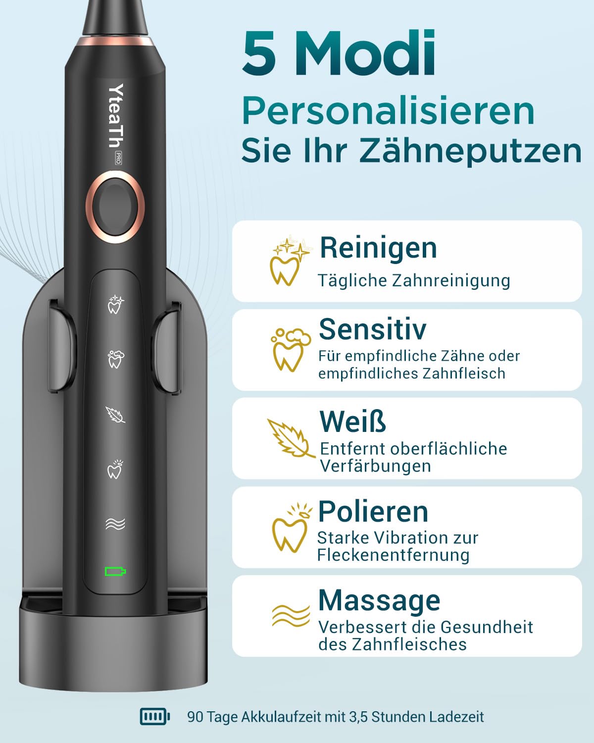 Elektrische Zahnbürste für Erwachsene und Kinder - Schallzahnbürste, Electric Toothbrush mit 8 Bürstenköpfen (3 Typen), 90 Tagen Akkulaufzeit, 5-Modi, 50000VPM, Reiseetui, Timer 5