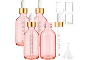 Bumobum 2 oz Dropper Bottle, Pink Glass Dropper Bottle with Glass Measured Dropper & Golden Cap, Empty Eye Tincture Bottles with Funnel & Labels for Essential Hair Oils Serums, 4 Pack