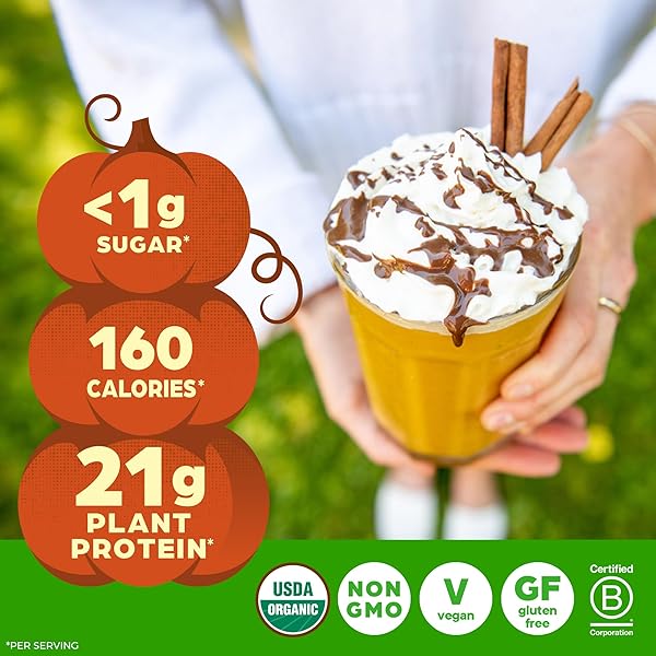 ORGAIN ORGANIC VEGAN PROTEIN POWDER, PUMPKIN SPICE SEASONAL FLAVOR – 21G OF PLANT PROTEIN, 5G PREBIOTIC FIBER, NO LACTOSE INGREDIENTS, NO ADDED SUGAR, NON-GMO, FOR SHAKES & SMOOTHIES, 1.02 LB