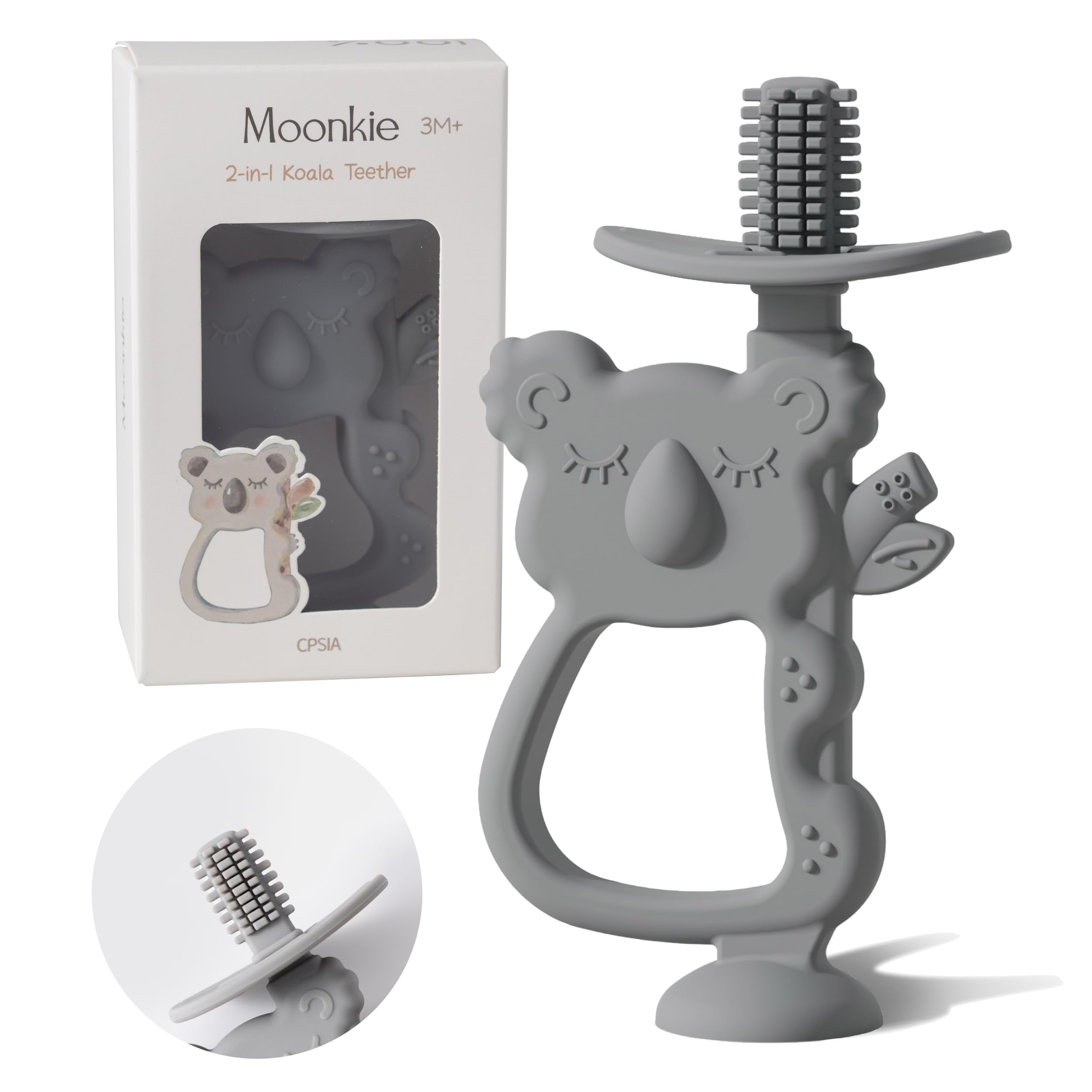 Moonkie Teething Toys for Baby, 360° Baby Toothbrush with Suction Base, Silicone Teething Toys, BPA-Free, Gift for Boys and Girls, for 6 Months+ Baby and Toddler 1pc (Koala Lunar Grey)