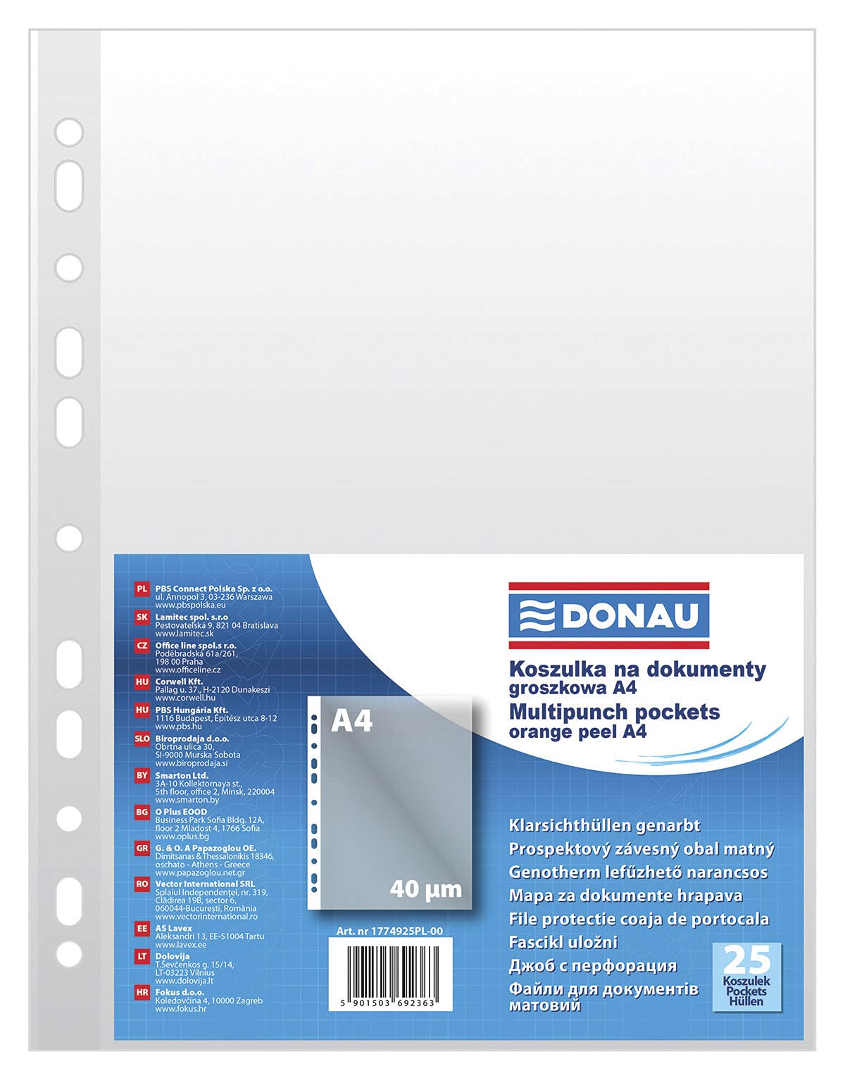 Punched Pockets DONAU PP A4 Orange Peel 40 MICR 25 Pcs/Document Archiving/Type-Orange Peel/Kind-Standard/Material-PP/Colour-Transparent/Format-A4 / Thickness (mm)-40