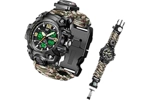 KAVIE Mens Tactical Military Digital Watch, 23-in-1 Survival Multi-Functional Army Outdoors Waterproof Camouflage Sports Watches Dual Display Analog LED Electronic Wristwatches with Compass Paracord Band