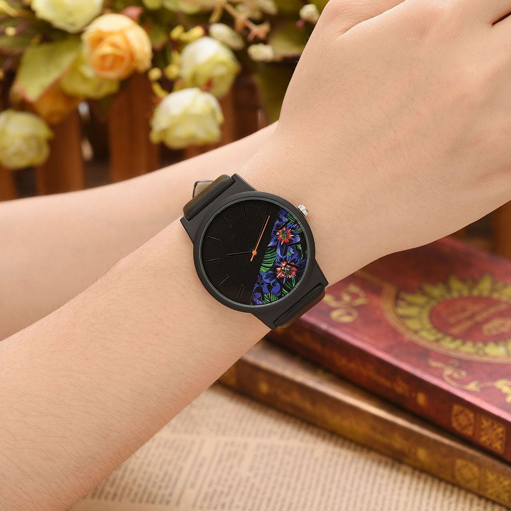 JSDDE Montre à Quartz Femme Fille Basel style Montre-bracelet moitié pivoine feuilles fleurs Noir Cadran Bracelet PU cuir -Brun