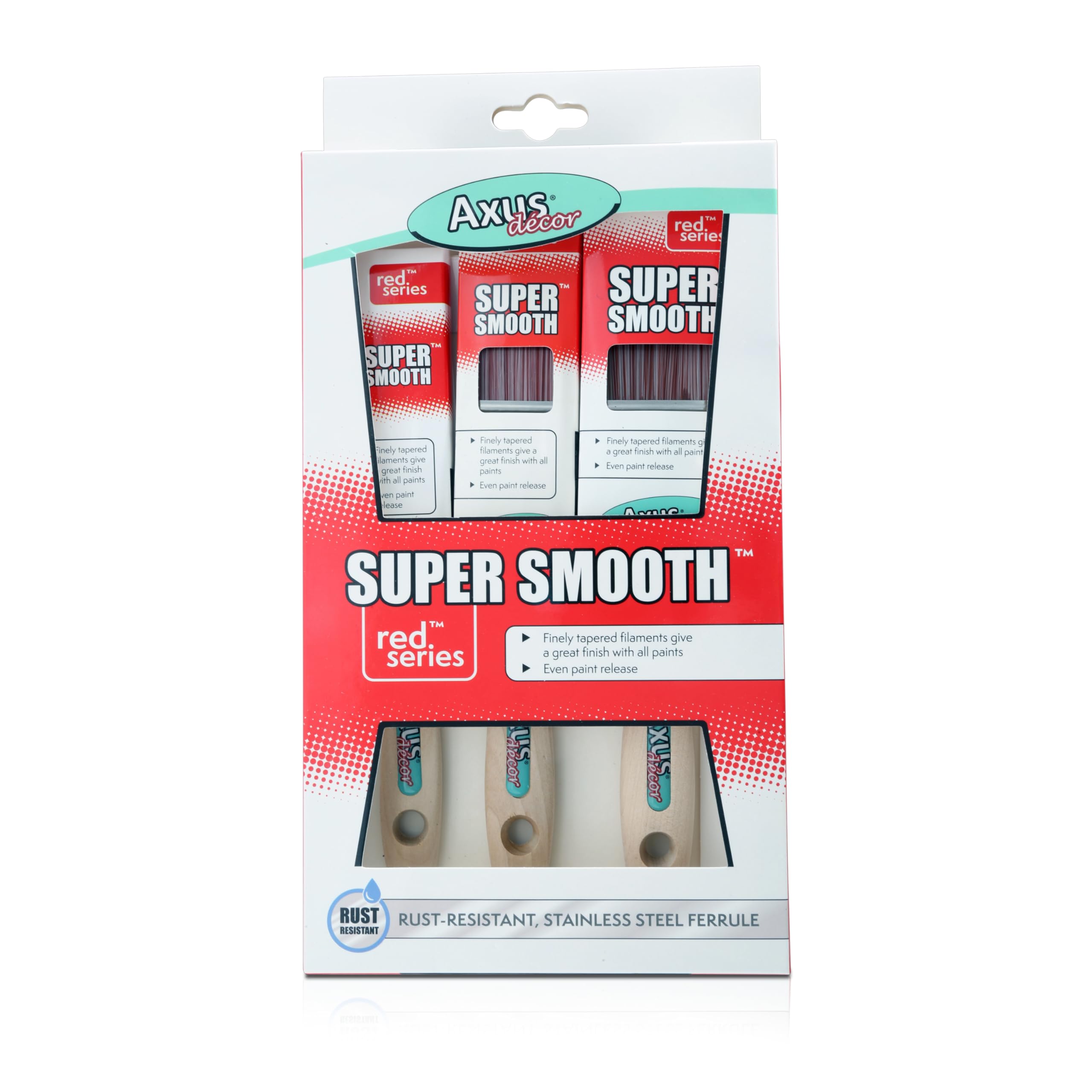 Axus Decor Super Smooth Brush Set (Red Series) For All Paints, Unvarnished, Hardwood, Beaver Tail handle, Rust-Resistant Stainless Steel Ferrule, Synthetic Filaments - Set Of 3 (1",1.5",2")