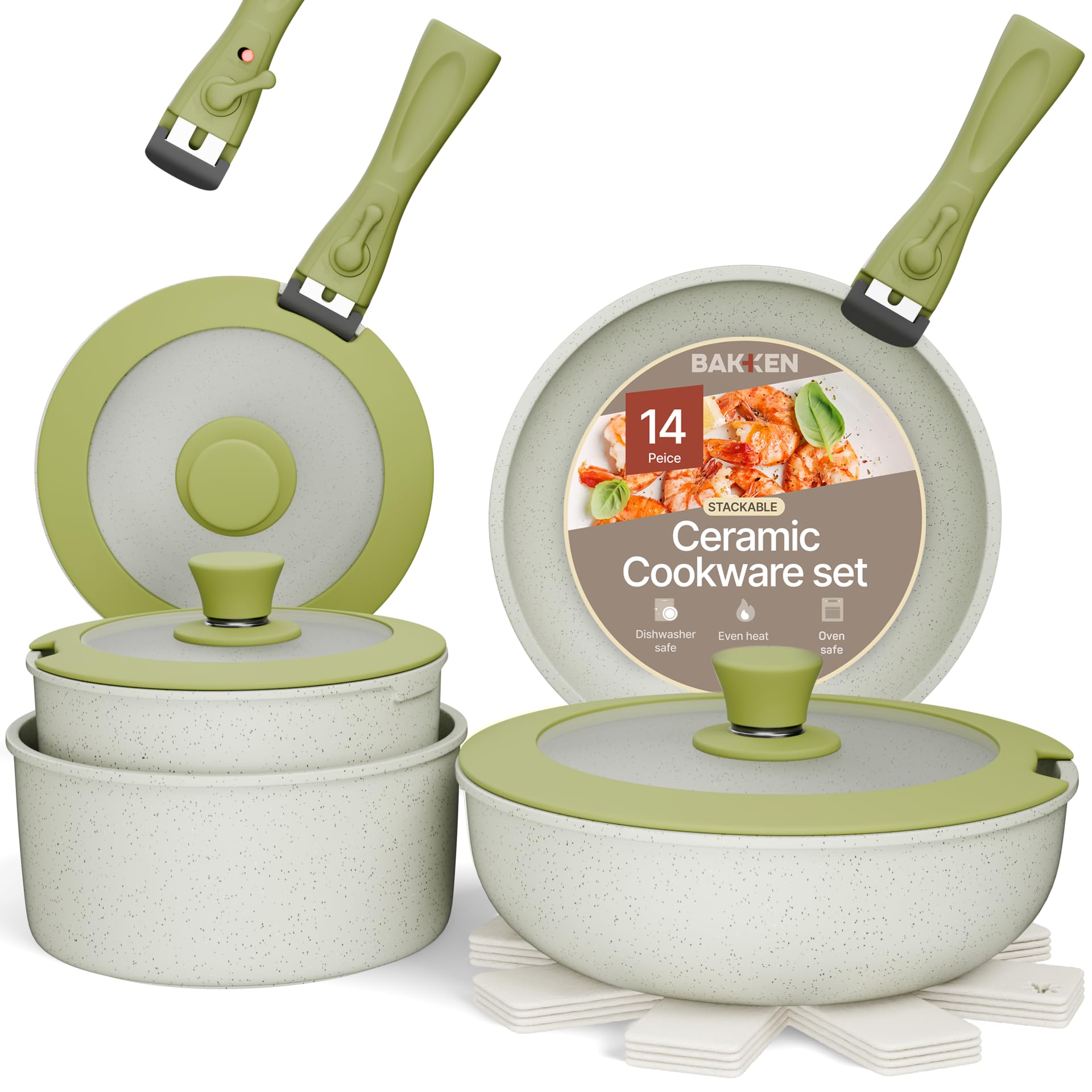 Photo 1 of Pots and Pans Set Non Stick Ceramic-Granite – 14-Piece Cookware with Detachable Handles, Stackable Space-Saving, Dishwasher Safe, Stain-resistant, Oven & All-Stove Safe, Tempered Glass Lids, Green