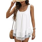 Dokotoo Casual Tank Tops for Women 2026 Round Neck Camisole Top Ruffled Hem Shirt Lace Trim Loose Summer Tops