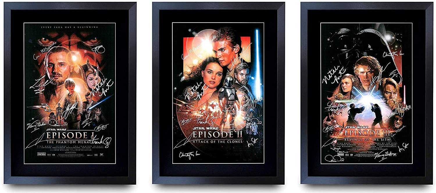 HWC Trading A3 FR Star Wars Prequel Trilogy Movie Poster Collection Cast Signed Gift Framed Printed Autograph Natalie Portman Ewan McGregor Hayden Christensen Gifts Print Photo Picture Display