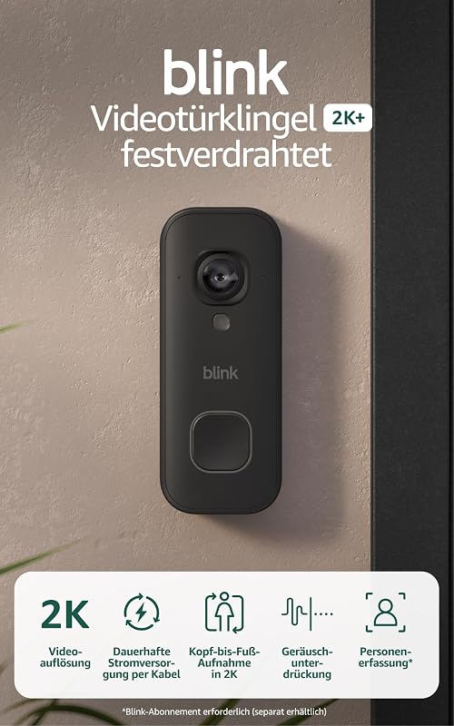 Videotürklingel 2K+ (festverdrahtet, neueste Gen.) | Kopf-bis-Fuß-Aufnahme in 2K | Konstante Stromversorgung | Optimiertes Audio | IP65 | Inkl. 30 Tage Testphase für Blink-Abonnement | Schwarz
