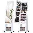LUXFURNI Rotating Jewelry Armoire with Mirror, full Length Mirror with Jewelry Storage, 57" standing Mirror Jewelry Cabinet with 4 Wheels,Jewelry Organizer Mirror