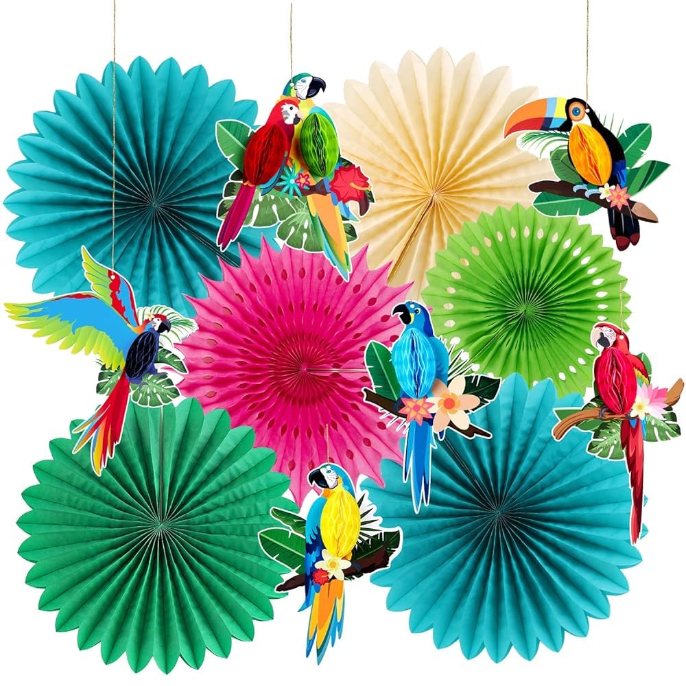 SUNBEAUTY Tropical Parrot Green Teal Party Decorations for Summer Hawaiian Luau Tiki Jungle Margaritaville Decor Supplies Hanging Tissue Paper Fans Honeycomb Balls