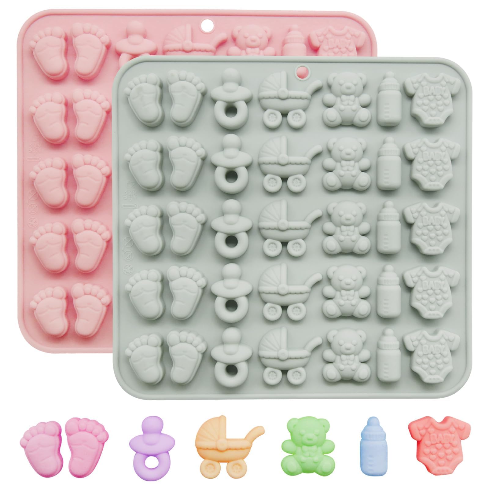 Photo 1 of 2Pcs Baby Shower Chocolate Molds Silicone Nonstick Baby Footprint Onesie Bottle Pacifier Carriage Bear Shaped Cute Mold, Cake Cupcake Decoration Moulds for Candy Gummy Kitchen Baking Supplies