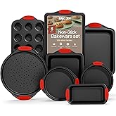 BAKKENMASTER Baking Set – 8 Piece Kitchen Oven Bakeware Set – Deluxe Non-Stick Black Coating Inside and Outside – Carbon Steel – Red Silicone Handles – PFOA PFOS and PTFE Free by Bakken