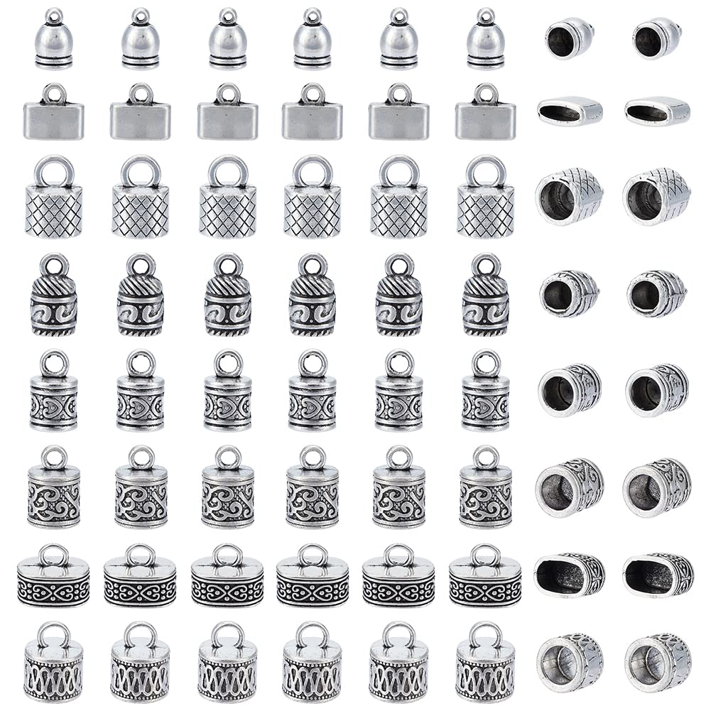 PH PandaHall 80 pcs Tibetan Style Alloy Cord Ends, 8 Mixed Shapes Cord Ends Caps for Jewellery Making, Antique Silver