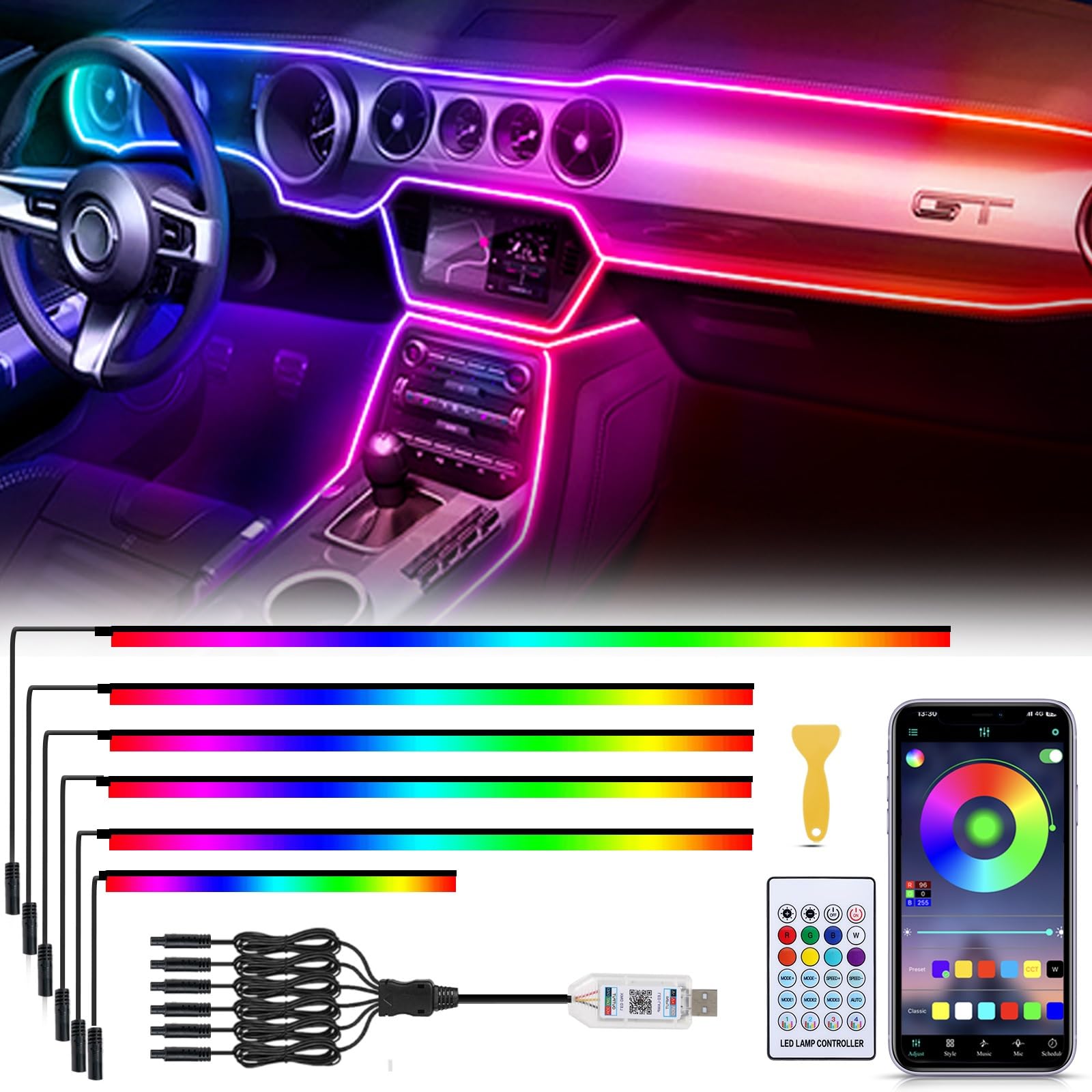 Photo 1 of Acrylic 6 in 1 Car LED Lights Interior, RGB Ambient Lighting Car with 584 LEDs, 16 Million Colors, APP & Remote Control, Music Sync Interior Ca r Lights for Women Men