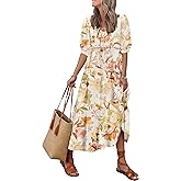 LUXVEER Women's Floral Boho Maxi Dress 2026 Summer V Neck Puff Sleeve Casual Loose Flowy Long Beach Dresses