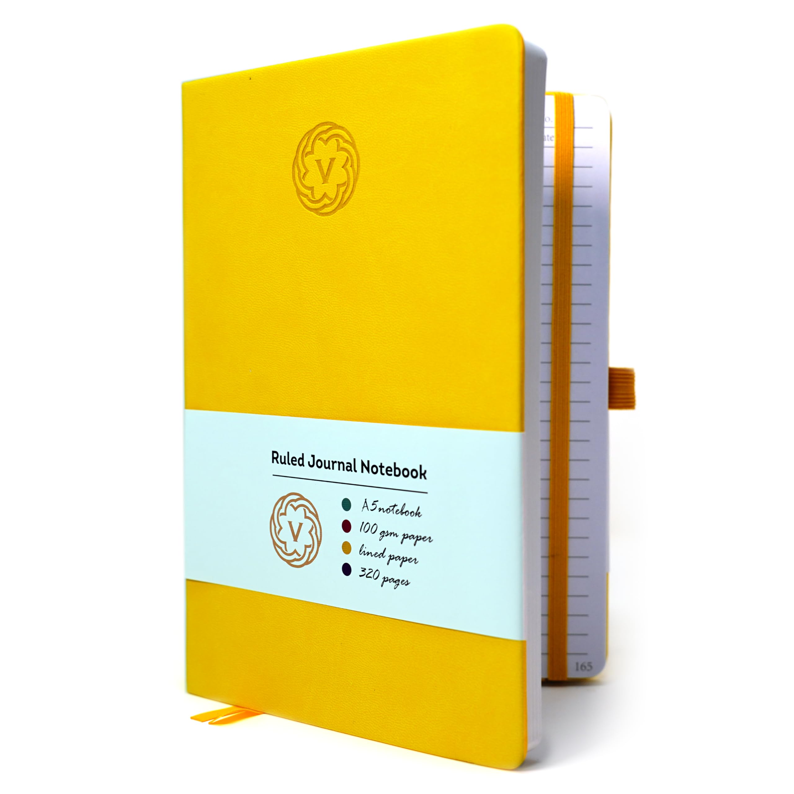 VABE UK A5 Journal Notebook Lined Notepad 320 Pages - 100gsm Hardcover Writing Notebook, Classic Casebound Lined Journal with Elastic Closure, Inner Pocket, Pen Loop & Sticky Notes (A5 Yellow)