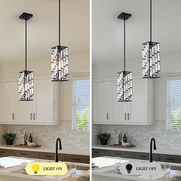BESYTAL CRYSTAL PENDANT LIGHTS KITCHEN ISLAND 2 PACK, MODERN BLACK CHANDELIER HEIGHT ADJUSTABLE, HANGING LIGHTS FOR KITCHEN ISLAND DINING ROOM BEDROOM