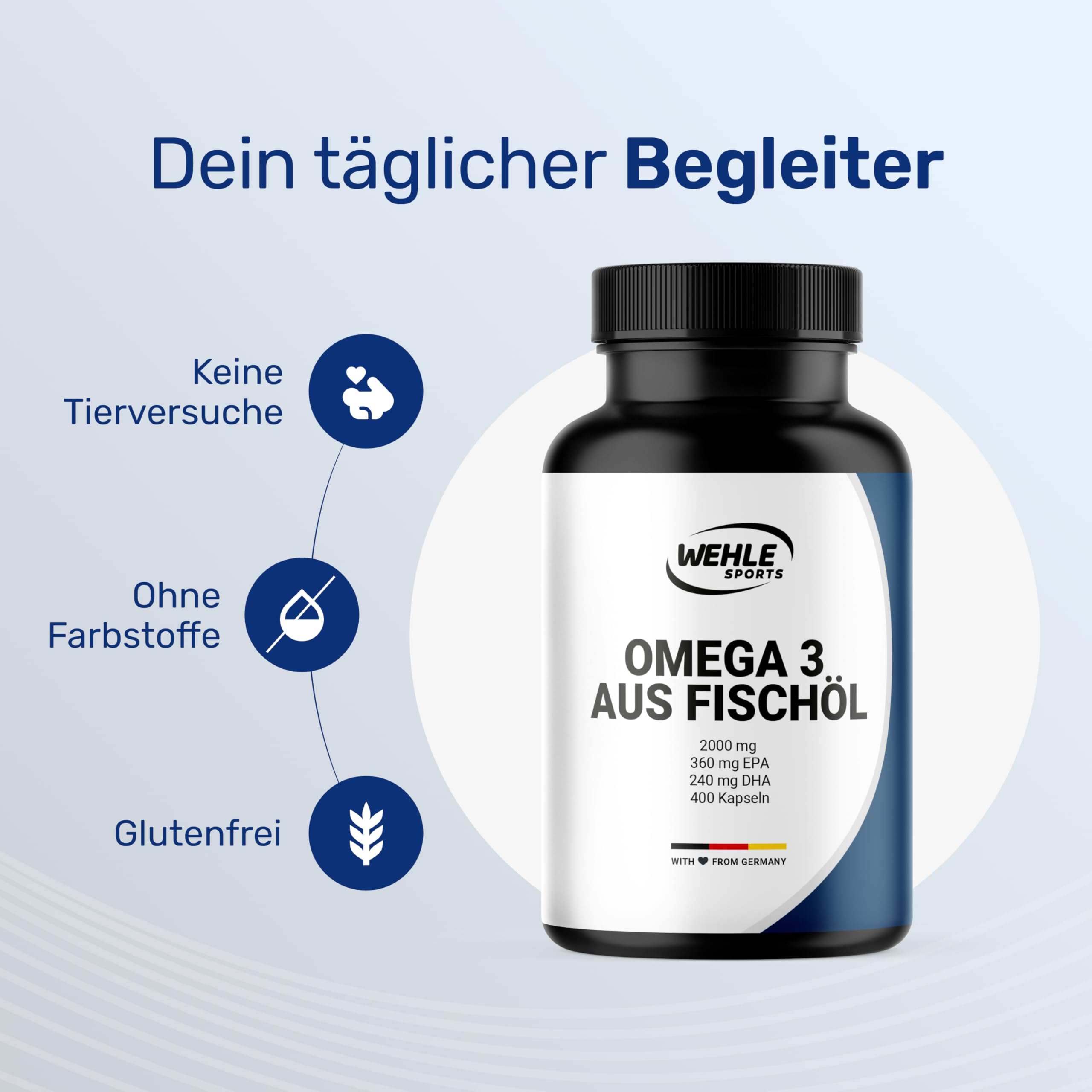 Omega 3 Kapseln Hochdosiert - 400 Kapseln mit 2000mg - EPA 360mg & DHA 240mg Fischöl pro Tagesportion - Omega 3 Fettsäuren Kapseln, produziert in Deutschland Laborgeprüft - Verpackung kann variieren 2