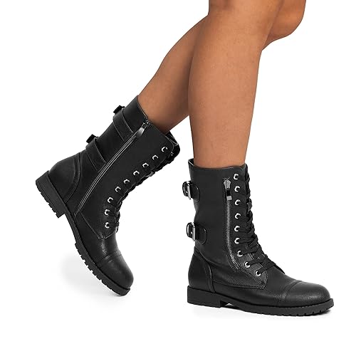 DREAM PAIRS Women's Combat Boots, Mid Calf Built-in Wallet Pocket