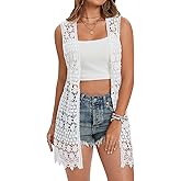 GLEAMISS Women's Crochet Floral Vest Lace Trim Boho Sleeveless Cardigan