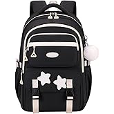 Black Backpack for Girls, Teen Girls Backpack for Elementary Middle School Kids, with Star Pins and Furry Pendant, A08-Black