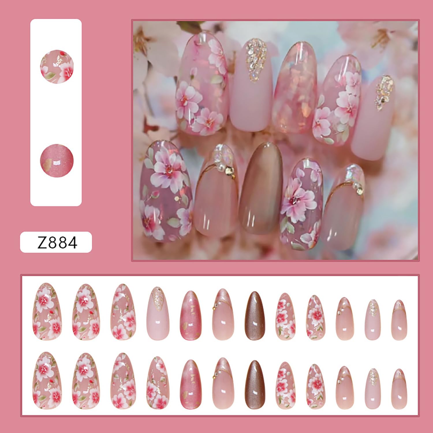 Press on Nails Medium Almond Shape-Glossy Full Cover Acrylic Pointed Rhinestone False Nails with Pink Floral Designs Artificial Fake Nails with Charms Glue ons Nails Stick on Fingernails for Women - Image 2