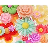 Resin Flower Embellishments 50Pcs Mixed Small Flatback Daisy Rose Flower Cabochons Charms Beads for Slime Crafts Scrapbooking Jewelry Making Decoration (50)