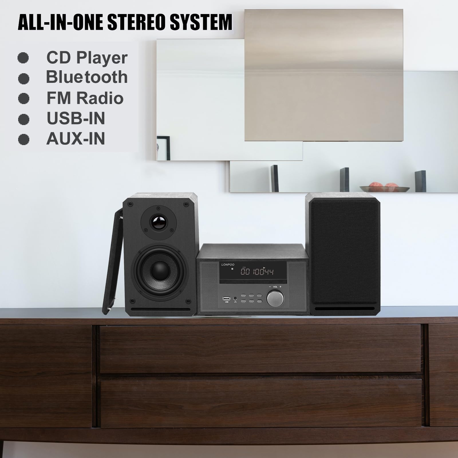 LONPOO Home CD Stereo Shelf System,100W Hi-Fi Bookshelf Speskers System (with CD Player, FM Radio, Bluetooth 5.3, USB Playback, AUX-in, Headphone Jack, Remote Control, DSP-Tech)