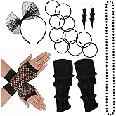 Wanmu 80s Fancy Dress Costume Accessories, 1980Women Headband Errings Fishnet Glove Necklace Bracelet Leg Warmer Party Outfit