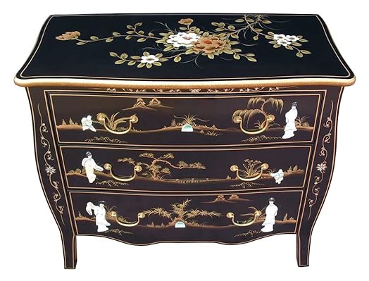 Oriental Chinese Furniture Black Lacquer Chest Of Drawers With