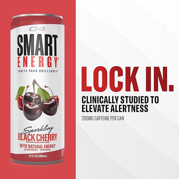 C4 SMART ENERGY DRINK – BOOST FOCUS AND ENERGY WITH ZERO SUGAR, NATURAL ENERGY, AND NOOTROPICS – 200MG CAFFEINE – BLACK CHERRY (12OZ PACK OF 12)